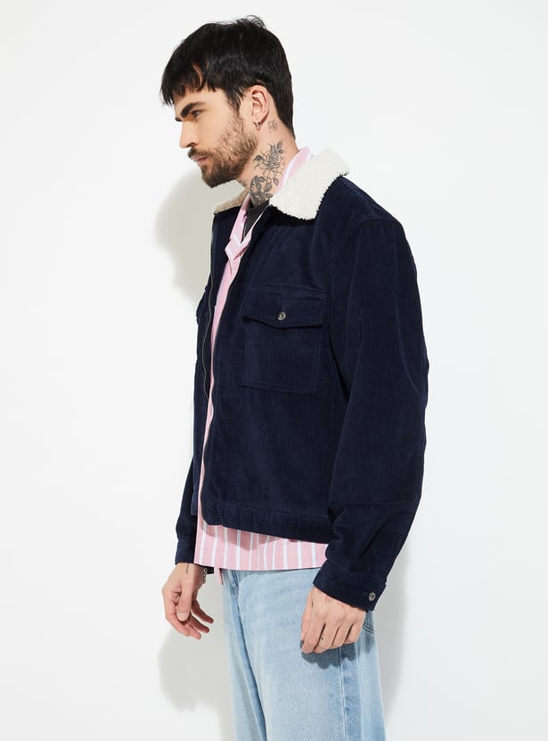 MR.JAWAN Men's Blue Sherpa Lined Corduroy Jacket front view