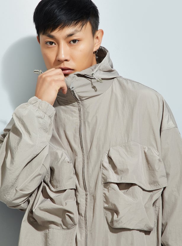 MR.JAWAN Men's Grey Solid Hooded Jacket front view