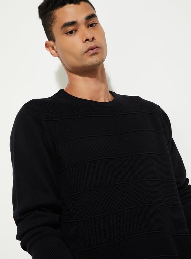 MR.JAWAN Men's Black Textured Knit Sweater front view