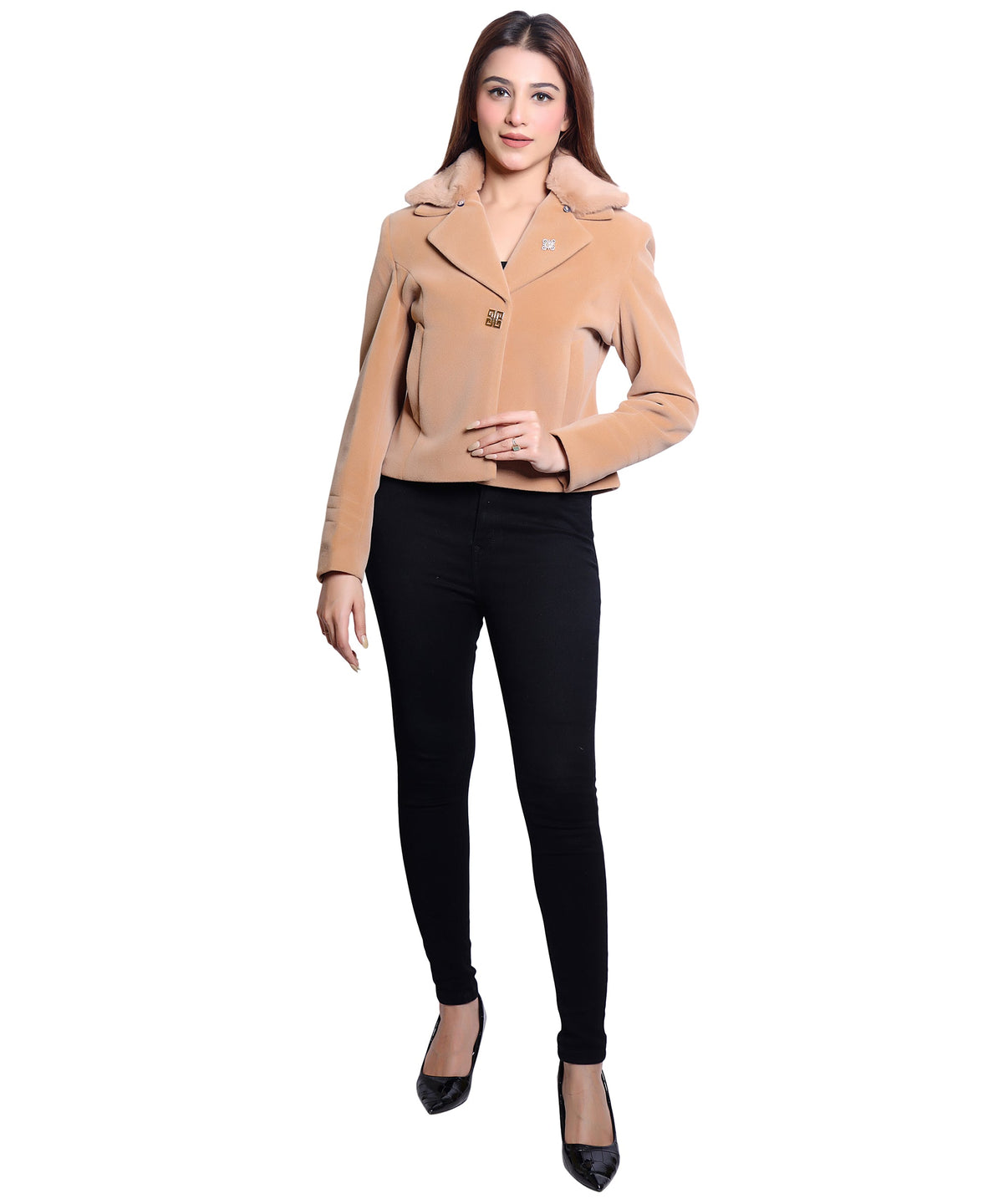 MR.JAWAN Women's Cropped Camel Coat front view