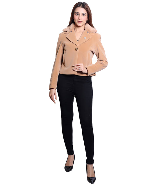MR.JAWAN Women's Cropped Camel Coat front view