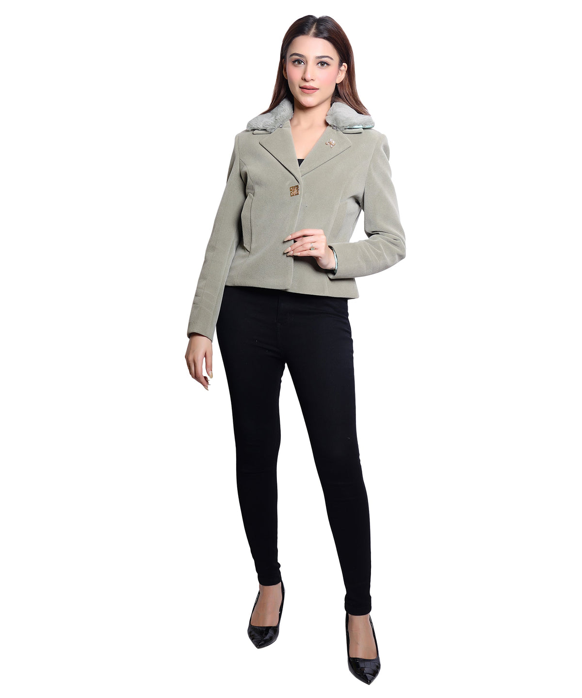 MR.JAWAN Women's Cropped Teal Coat front view