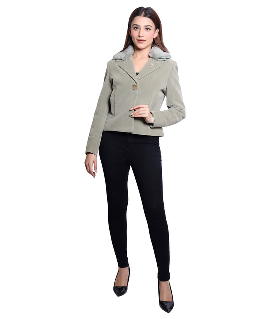 MR.JAWAN Women's Cropped Teal Coat front view