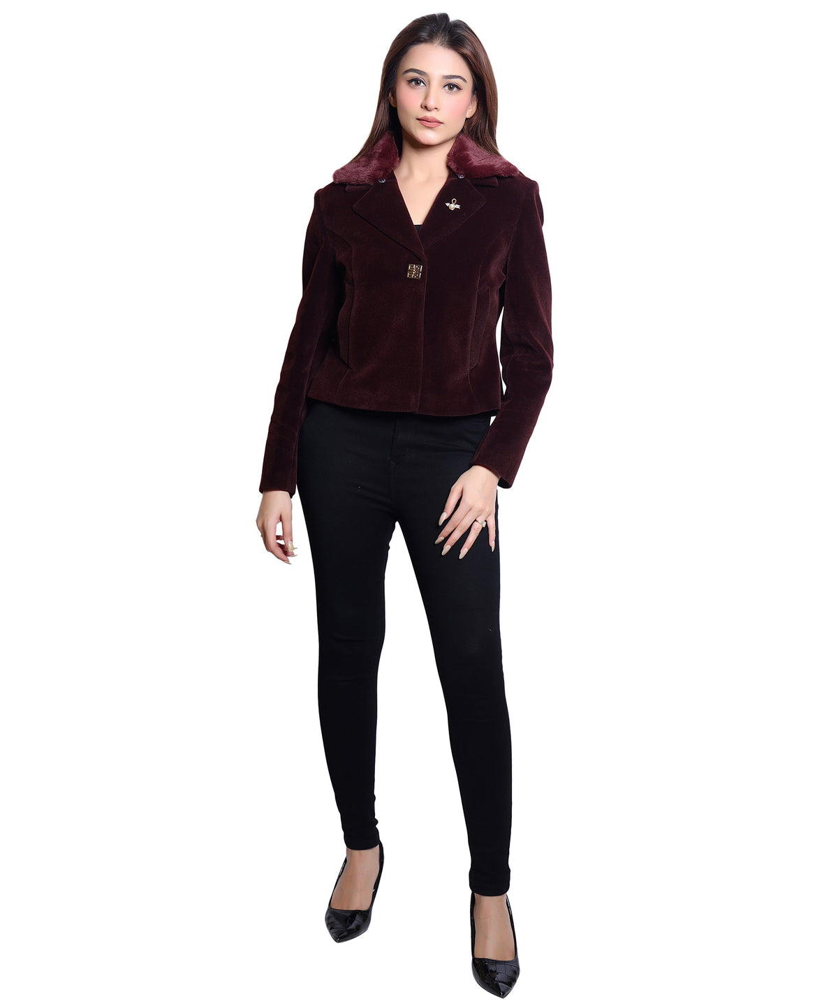 MR.JAWAN Women's Cropped Wine Coat front view