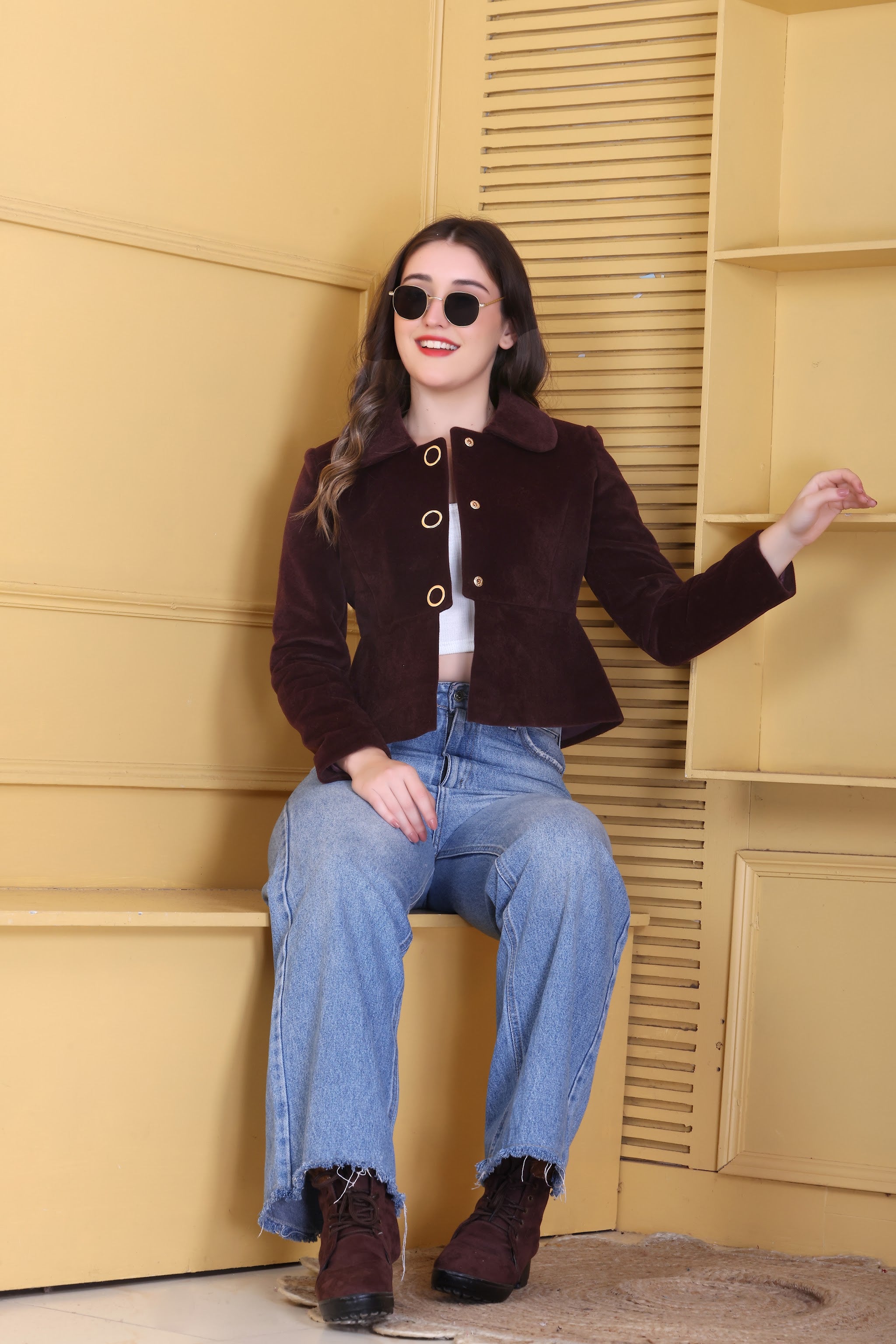 MR.JAWAN Women's Cropped Wine Coat front view
