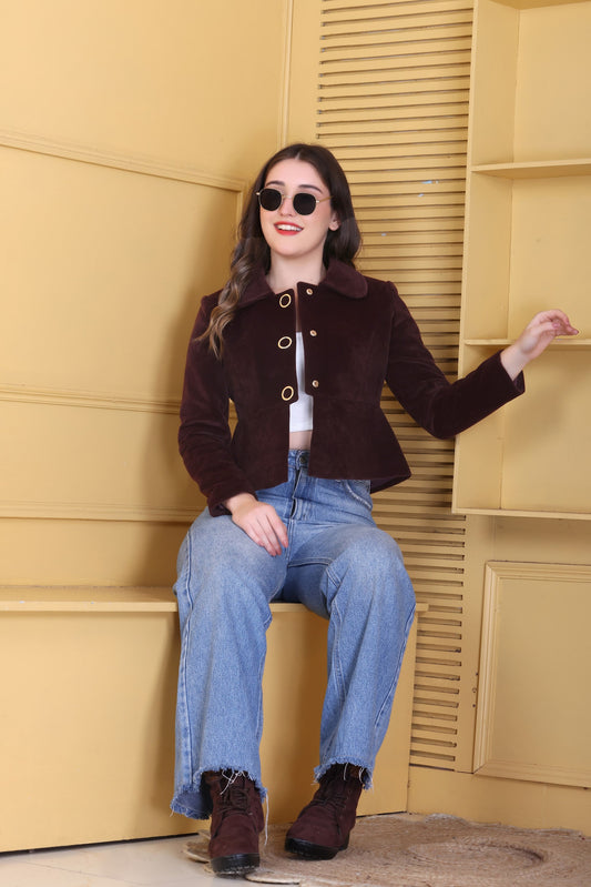MR.JAWAN Women's Cropped Wine Coat front view