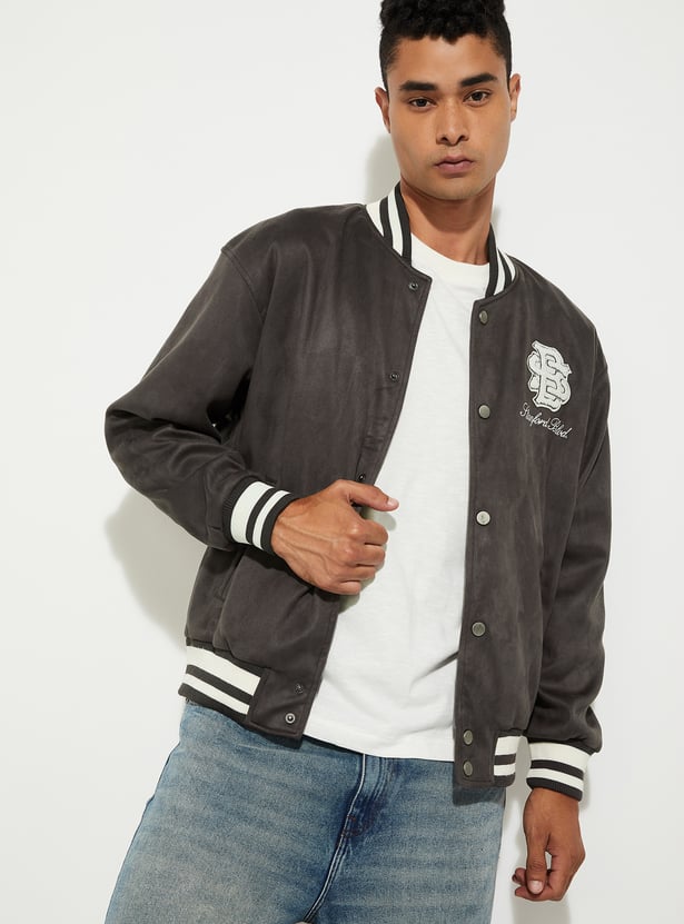 MR.JAWAN Men's Grey Velour Varsity Jacket front view