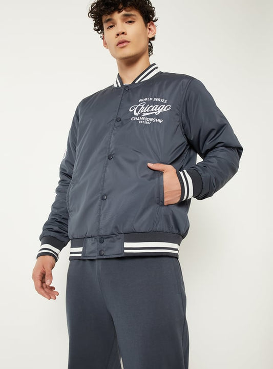 MR.JAWAN Men's Blue Embroidered Varsity Jacket front view