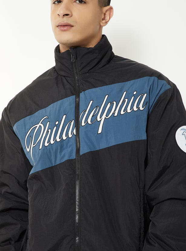 MR.JAWAN Men's Blue Colourblock Bomber Jacket front view