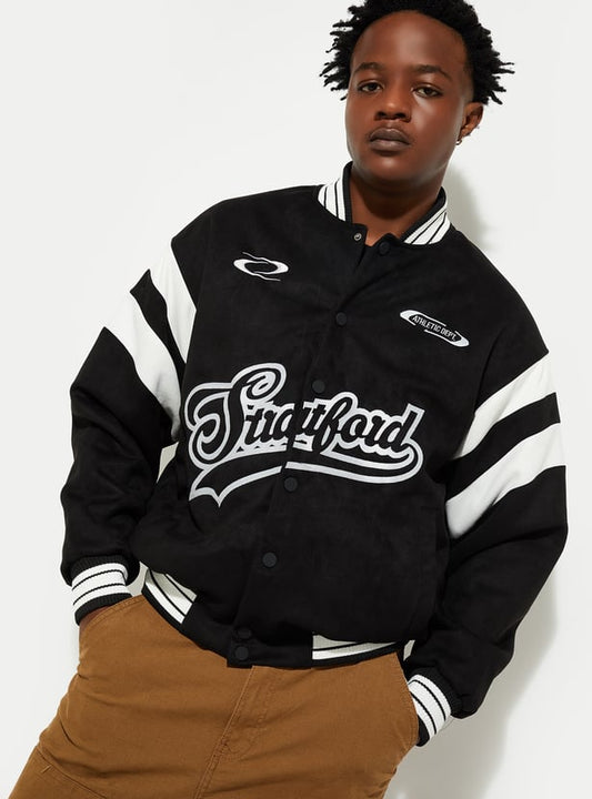 MR.JAWAN Men's Black Printed Varsity Jacket front view
