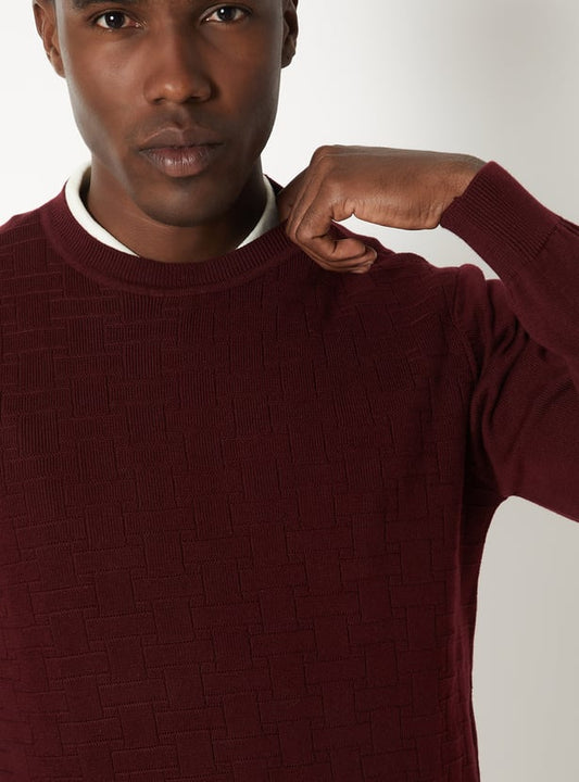 MR.JAWAN Men's Maroon Slim Fit Knit Sweater front view