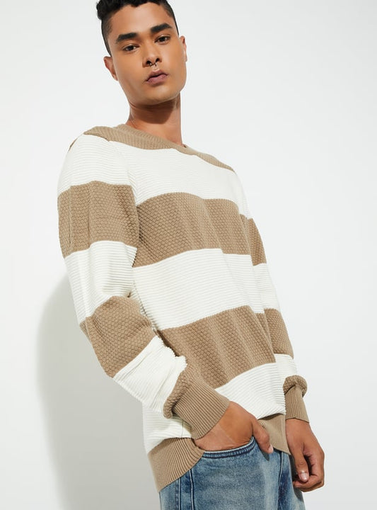 MR.JAWAN Men's Beige Striped Sweater front view