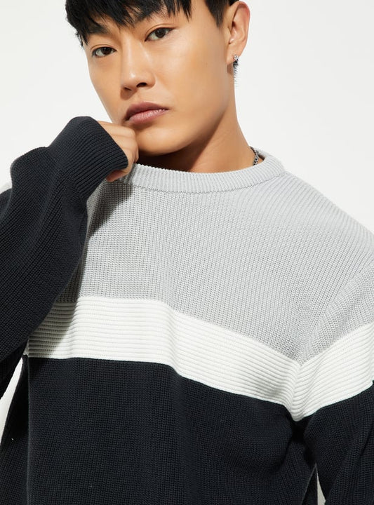 MR.JAWAN Men's Black Colourblock Sweater front view