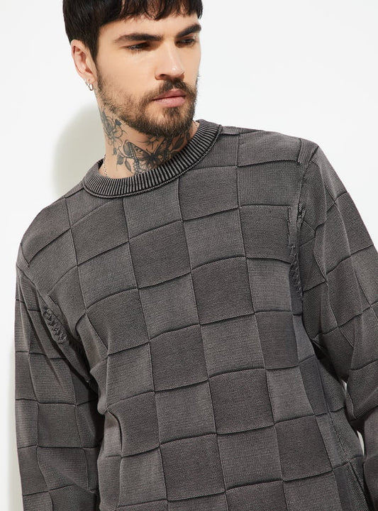 MR.JAWAN Men's Grey Checked Oversized Sweater front view