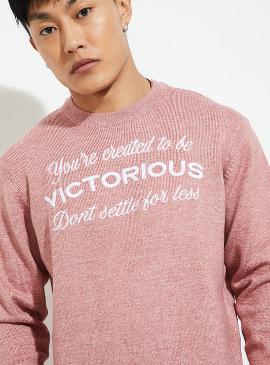 MR.JAWAN Men's Pink Embroidered Sweater front view