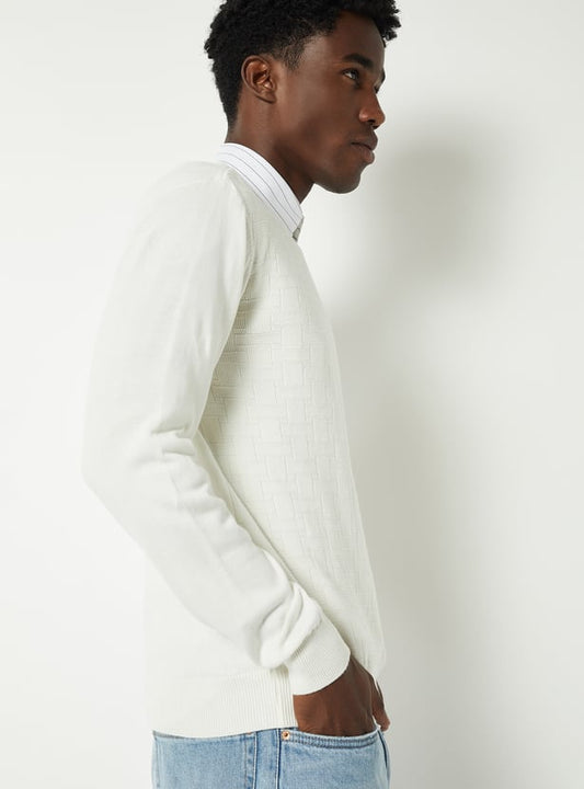 MR.JAWAN Men's Off White Slim Fit Knit Sweater front view