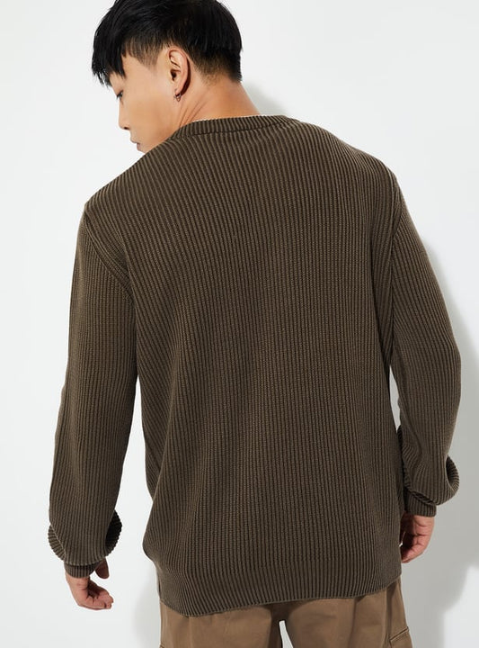 MR.JAWAN Men's Beige Ribbed Sweater front view