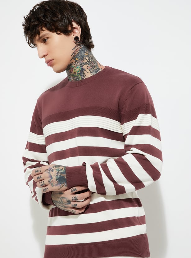 MR.JAWAN Men's Red Knit Striped Sweater front view