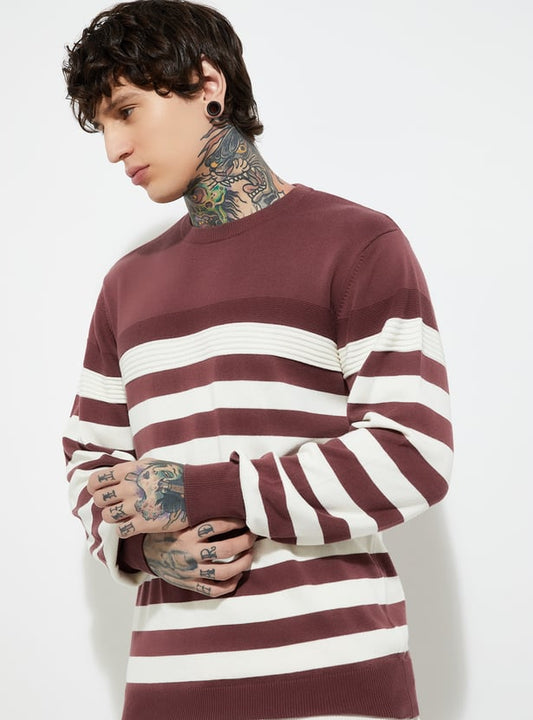 MR.JAWAN Men's Red Knit Striped Sweater front view