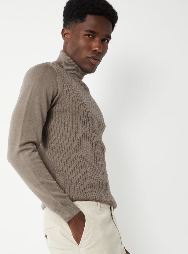 MR.JAWAN Men's Beige Knit Turtle Neck Sweater front view